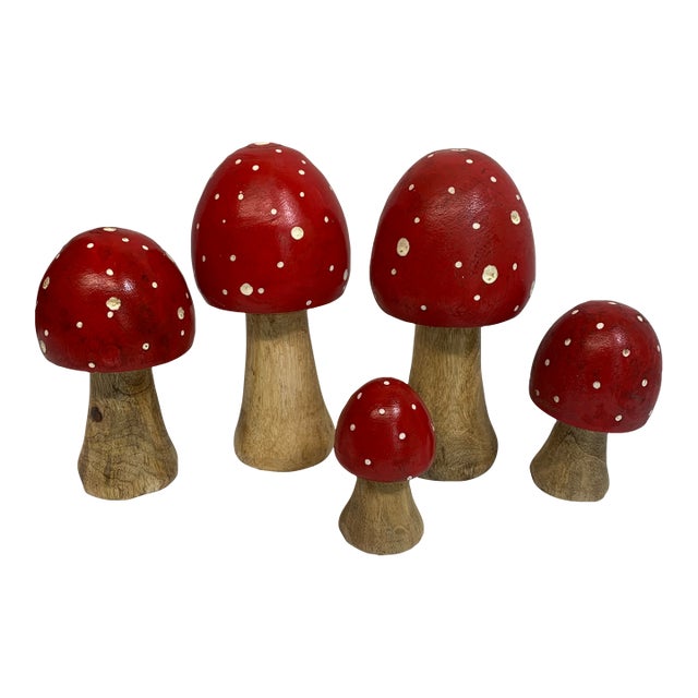 Set of 5 Red and White Carved Folk Art Mushrooms For Sale