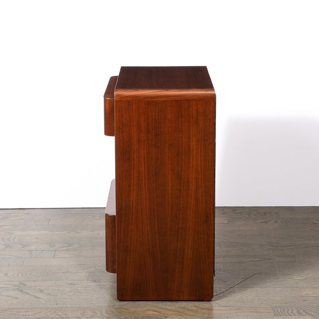 Pair of Art Deco Nightstands in Book-Matched Walnut With Black Lacquer Accents For Sale - Image 9 of 11
