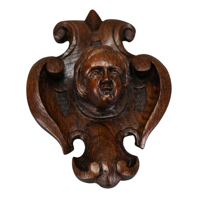 French Hand-Carved Oak Wood Wall Plaque with Cherubs Head, 1900s For Sale