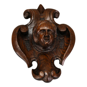 French Hand-Carved Oak Wood Wall Plaque with Cherubs Head, 1900s