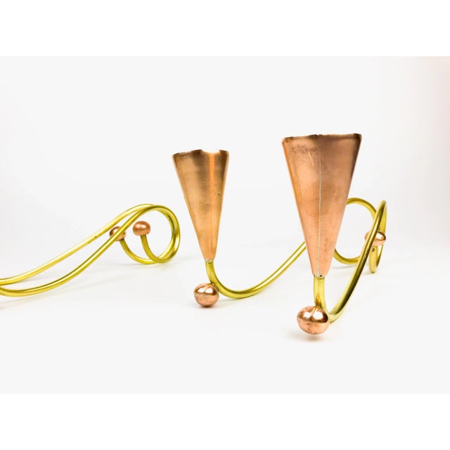 1950s 1950s Vintage Mid-Century Modernist Brass + Copper Scrolling Conical Candelabra - a Pair For Sale - Image 5 of 6