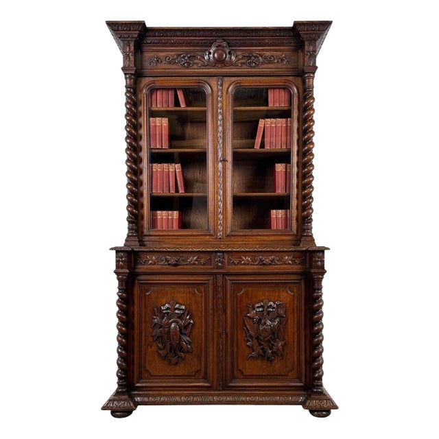19th Century Antique English Renaissance Revival Oak Bookcase For Sale