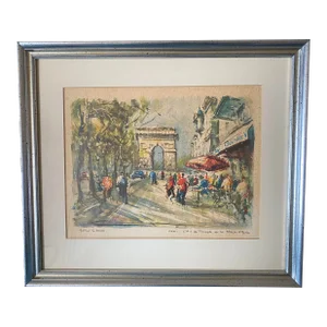 Mid-Century Watercolor Print of "L'Arc de Tromphe et les Champs Elysees", Framed