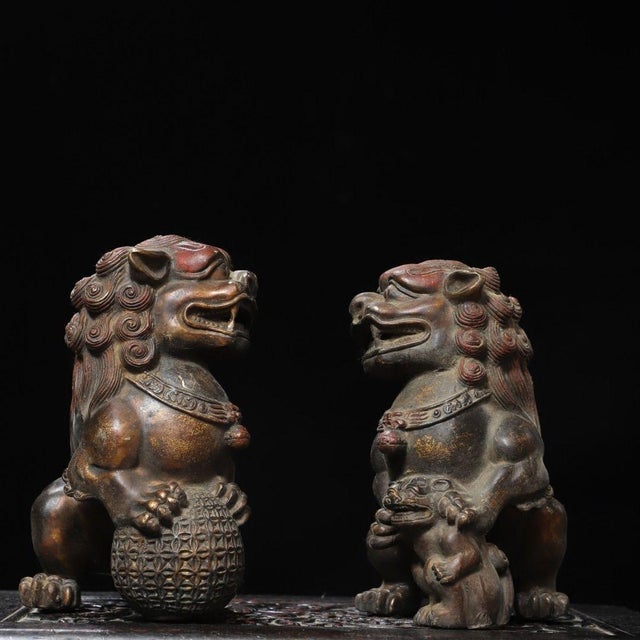 Late 20th Century Pair of Vintage Chinese Gilt Bronze Foo Dogs – Buddhist Guardian Lions With Brocade Ball For Sale - Image 5 of 11
