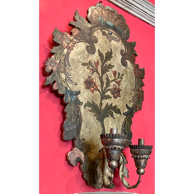 These exceptional Italian polychrome lacquered wall sconces are true masterpieces of 18th-century Venetian craftsmanship....