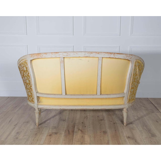 Wood French Louis XVI Style Painted Canapé with Yellow Damask Upholstery, 20th Cent For Sale - Image 7 of 8