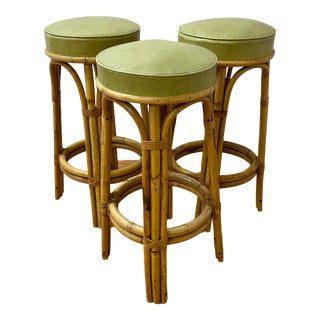 Set of Three Vintage Bamboo & Olive Green Leather Bar Stools C.1950 For Sale