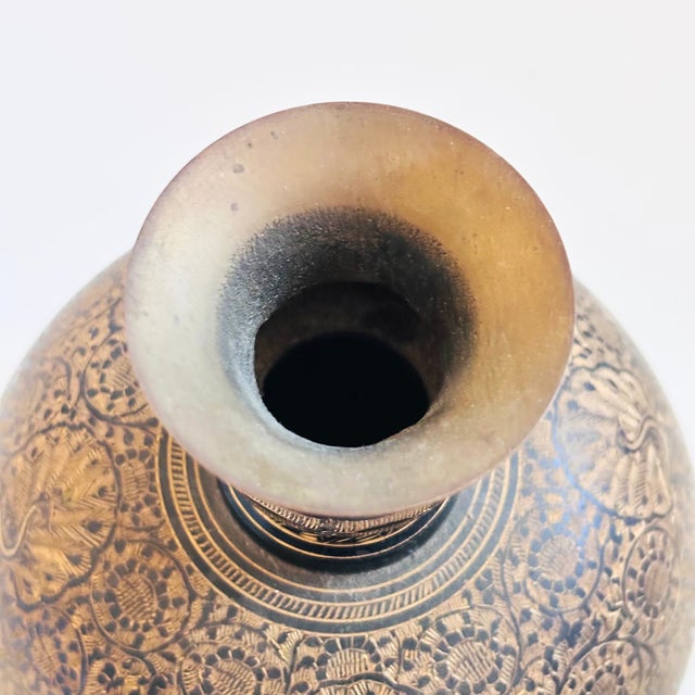 Large 8" Etched Brass Vase With Peacock Design For Sale In San Francisco - Image 6 of 10