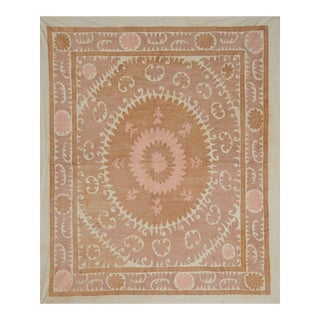 Suzani Wall Decor - Neutral Beige Uzbek Table Cloth - Tribal Embroidery Wall Decor, Boho Bedspread, Ethnic Tapestr 4'2'' X 4'9'' For Sale