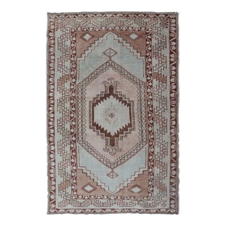 Vintage Turkish Oushak Rug With Traditional Design in Muted Blue, Brown, Salmon 3'6 X 5'7 For Sale