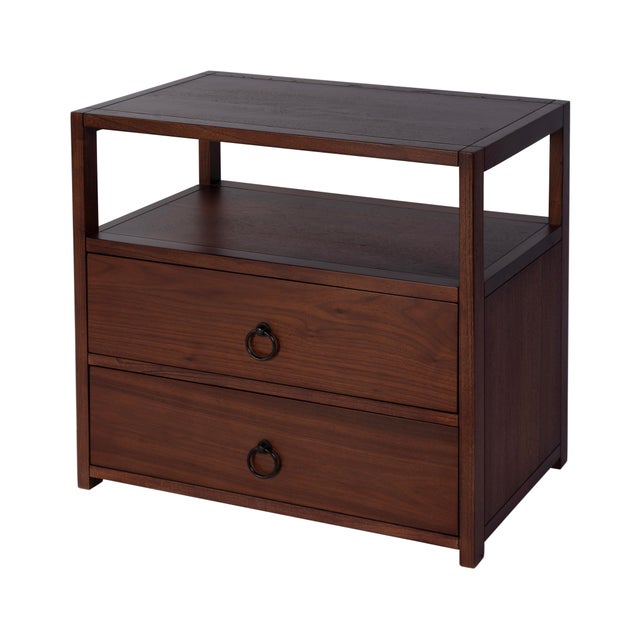 Modern Lark 28 in. W Rectangular Wood 2 Drawer Wide Nightstand with Open Shelf, Walnut For Sale - Image 3 of 11