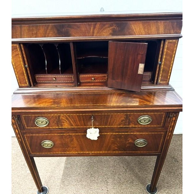 Mid 20th Century Mid 20th Century Beautiful Inlaid Mahogany and Flame Mahogany Tambour Desk For Sale - Image 5 of 13