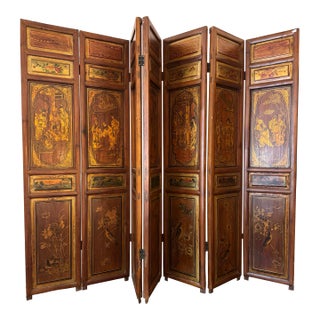 Vintage Seven Panel Chinoiserie Figural Wood Tabletop Folding Screen For Sale