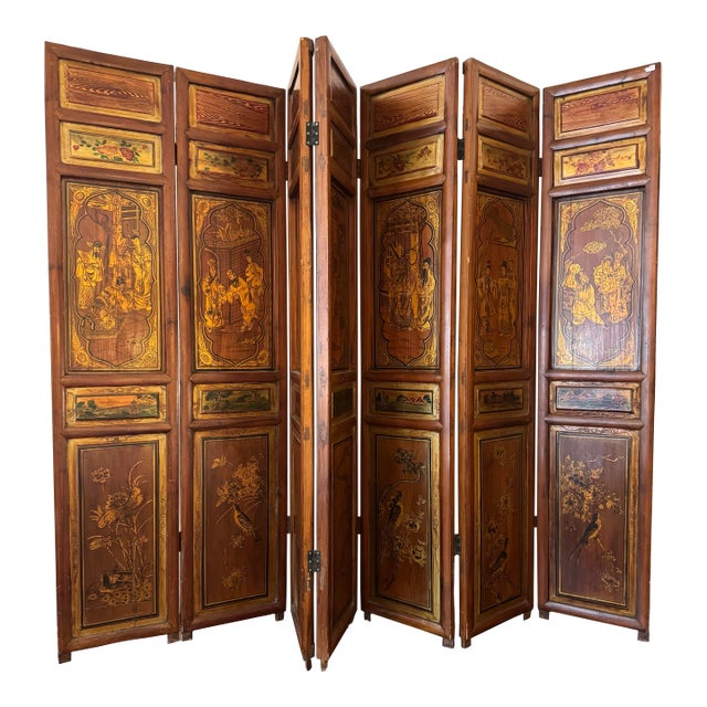 Vintage Seven Panel Chinoiserie Figural Wood Tabletop Folding Screen For Sale