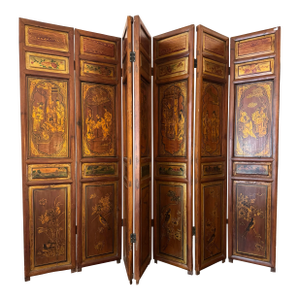 Vintage Seven Panel Chinoiserie Figural Wood Tabletop Folding Screen