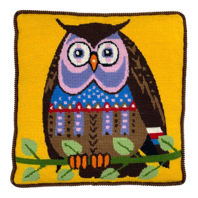 1970s Pop Art Owl Needlepoint Pillow For Sale