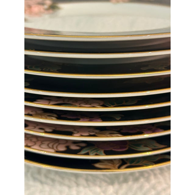 Late 20th Century Fitz and Floyd “Cloisonné Peony Black” Salad Plates - A Set of 9 For Sale In New Orleans - Image 6 of 8