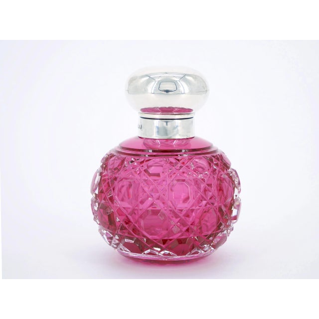 19th Century English Sterling Silver Top/ Cranberry Cut Glass Perfume Bottle For Sale - Image 12 of 12