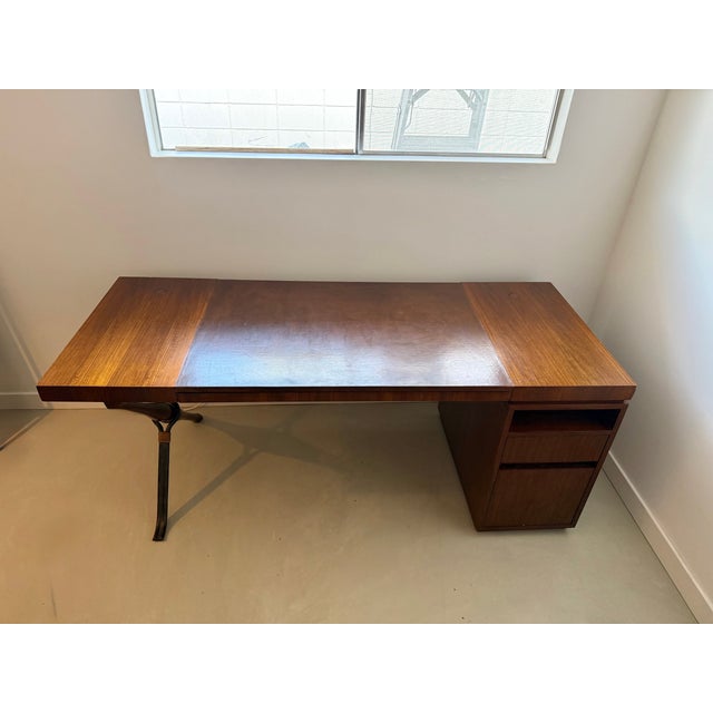 Bill Sofield McGuire Furniture / Baker Furniture Baton Writing Desk. Walnut wood and finish, leather inset top, black...