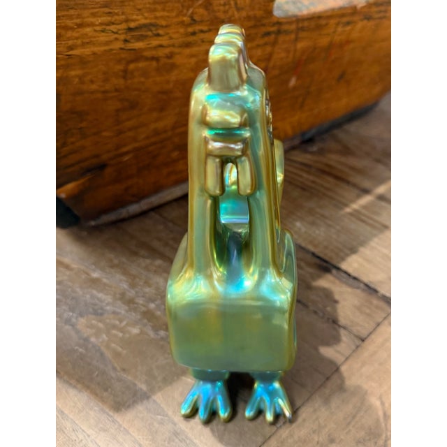 Ceramic 1960s Judith Nador for Zsolnay Green Eosin Glazed Rooster Statue For Sale - Image 7 of 9