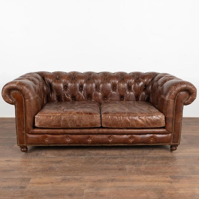 Vintage Brown Leather Chesterfield Two Seat Sofa Loveseat