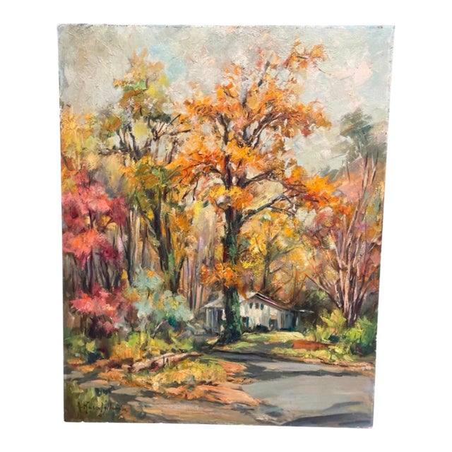 1960s Painting: Impressionist Autumn Landscape With Cottage For Sale