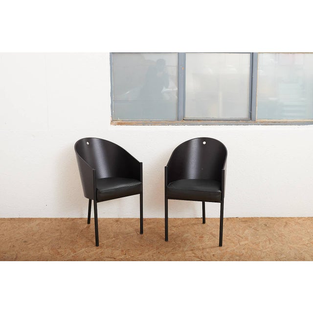 Costes Chair Set in Black Lacquered Tubular Steel Frame, Molded Plywood Seat and Leather by Philippe Starck, 1984, Set of 6 For Sale - Image 16 of 17