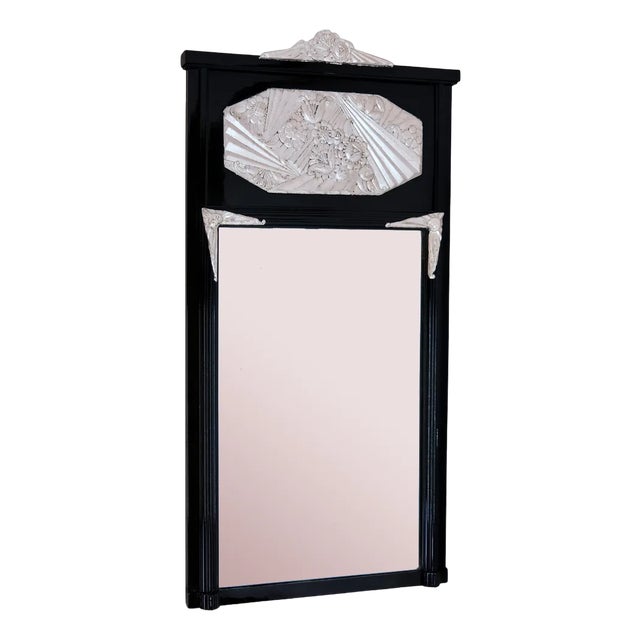Art Deco Wall Mirror in Black Lacquer with Silvered Pattern, 1930s For Sale