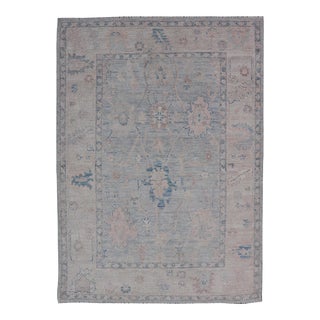 Modern Tribal Oushak With a Cream Border and Light Gray-Blue Background 4'0 X 6'2 For Sale