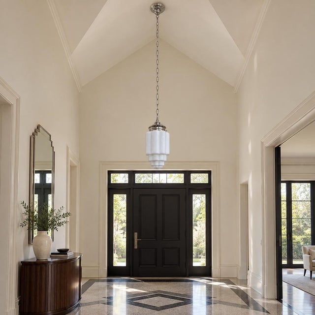 Art Deco Skyscraper Milk Glass Pendant Light, Large 22" Hardwired Ceiling Fixture New Wiring For Sale - Image 15 of 16