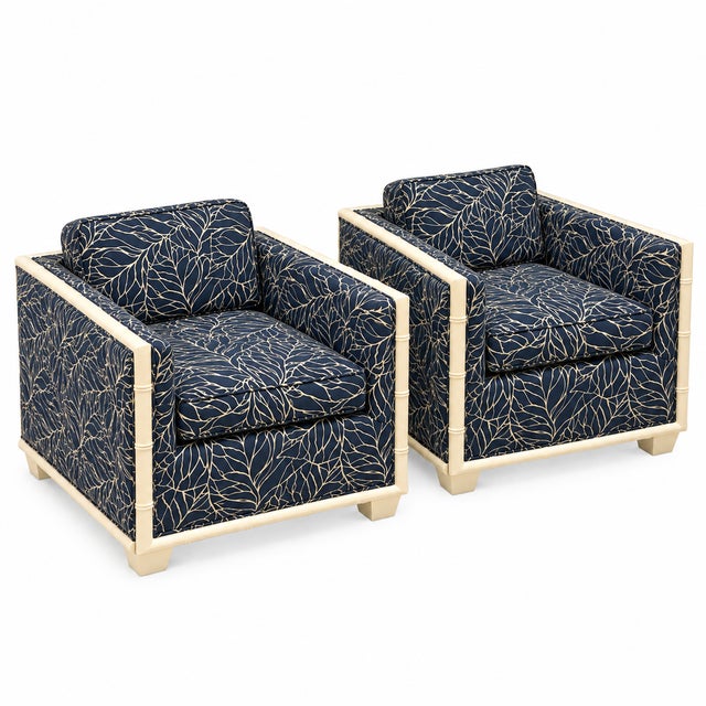 Hollywood Regency Hollywood Regency Era Navy Blue Faux Bamboo Banana Leaf Club Chairs, Pair For Sale - Image 3 of 8