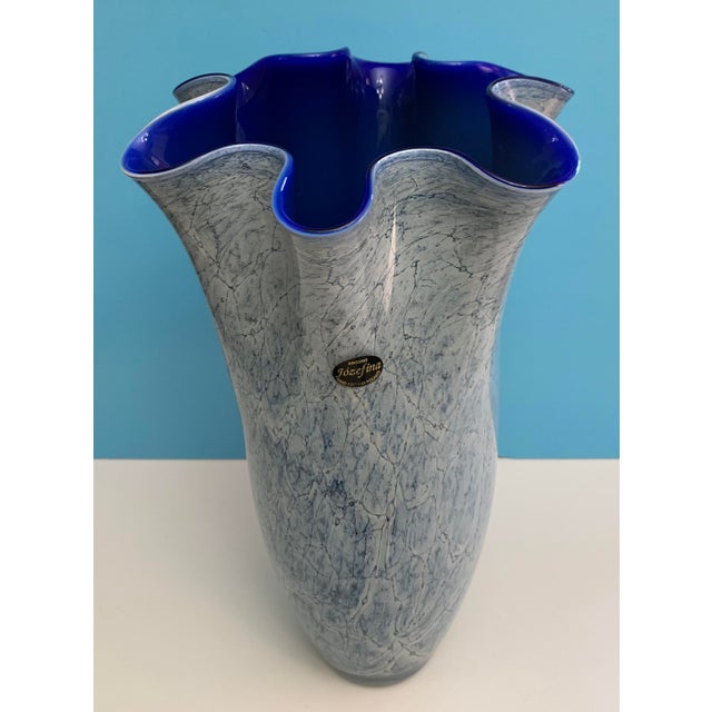 Large Krosno Jozefina Cased Art Glass Blue Ruffled Rim Vase Chairish