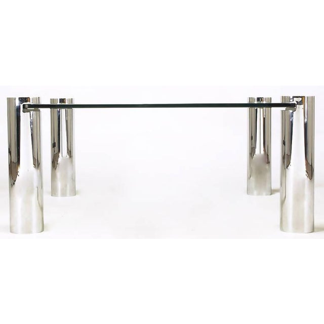 Italian Style Chrome Cylinder and Glass Square Coffee Table For Sale - Image 4 of 7