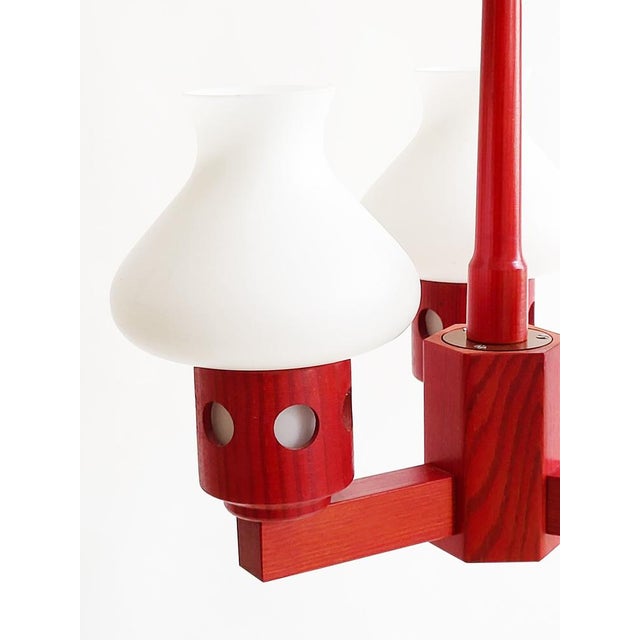 Wood Mid-Century Swedish Pine Chandelier with Frosted Glass Shades by Aneta, 1970s For Sale - Image 7 of 14