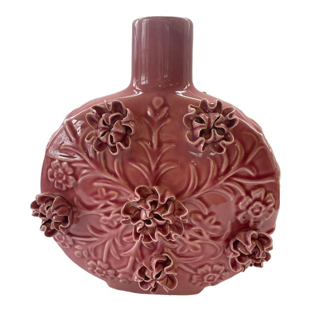 Chinese Porcelain Vase Hand Sculpted Pink Flowers For Sale