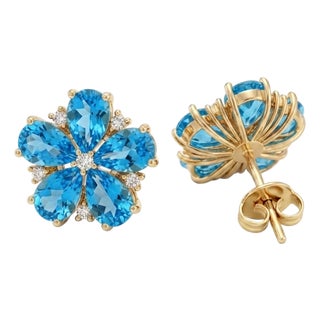 Blue Topaz Flower Stud Earrings, December Birthstone Statement Studs - A Pair For Sale