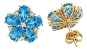 Blue Topaz Flower Stud Earrings, December Birthstone Statement Studs - A Pair