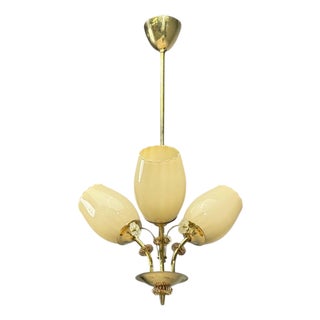 Itsu, Finnish Modern, Snowflake Chandelier, Brass, Glass, Finland, 1950s For Sale