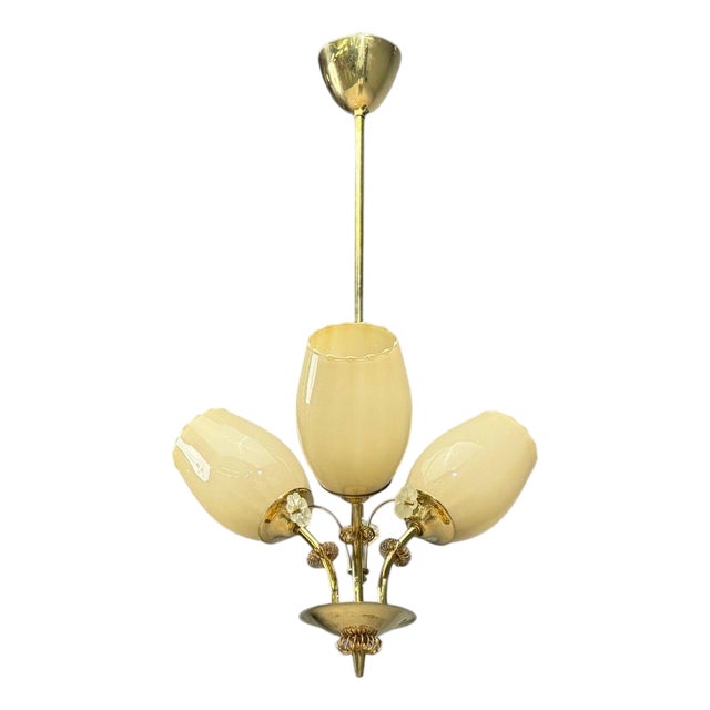 Itsu, Finnish Modern, Snowflake Chandelier, Brass, Glass, Finland, 1950s For Sale