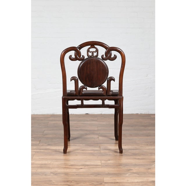 Chinese Chinese Antique Rosewood Side Chair with Open Fretwork and Marble Medallion For Sale - Image 3 of 13