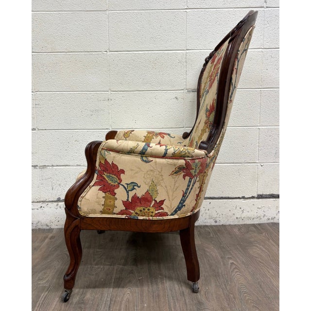 Wood Antique Victorian Rococo Revival Balloon Back Walnut Armchair Parlor Chair For Sale - Image 7 of 10