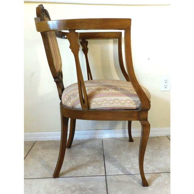 Antique Victorian Pink Floral Striped Carved Wood Brass Studded Side/End Accent Chair For Sale - Image 4 of 15