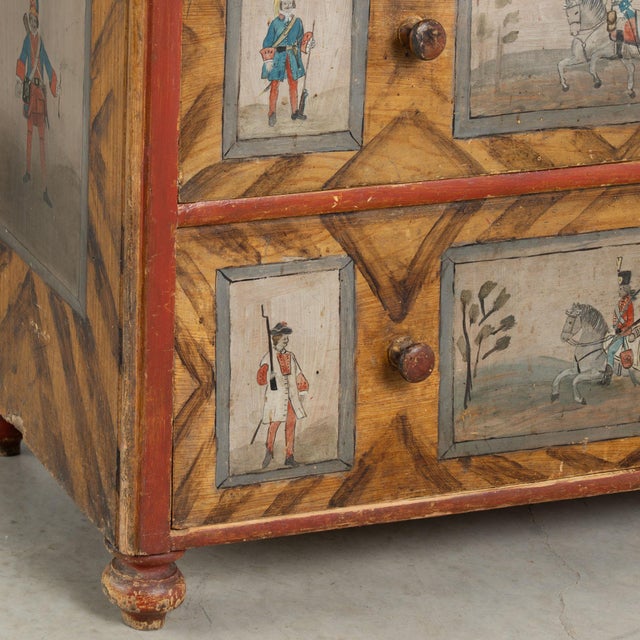 19th Century Original Hand-Painted Pine Chest of Three Drawers With Soldiers on Horseback For Sale - Image 11 of 13