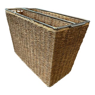 1990s Chrome and Wicker Magazine Rack For Sale