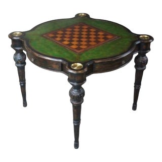 1970s Game Table With Tooled Green Leather Top & Brass Cupholders For Sale