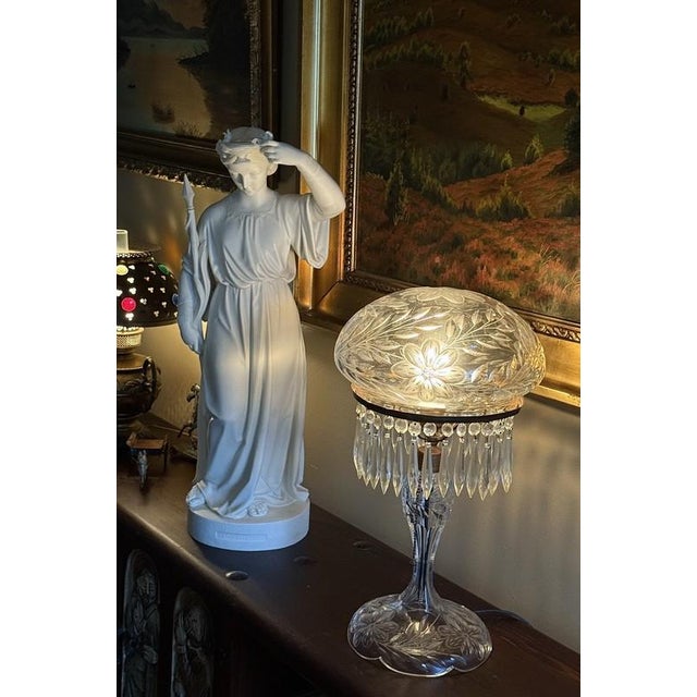 Art Deco Antique Wheel Cut Crystal Mushroom Shade Table Lamp W Lustres 19", Art Deco 1930 For Sale - Image 3 of 8