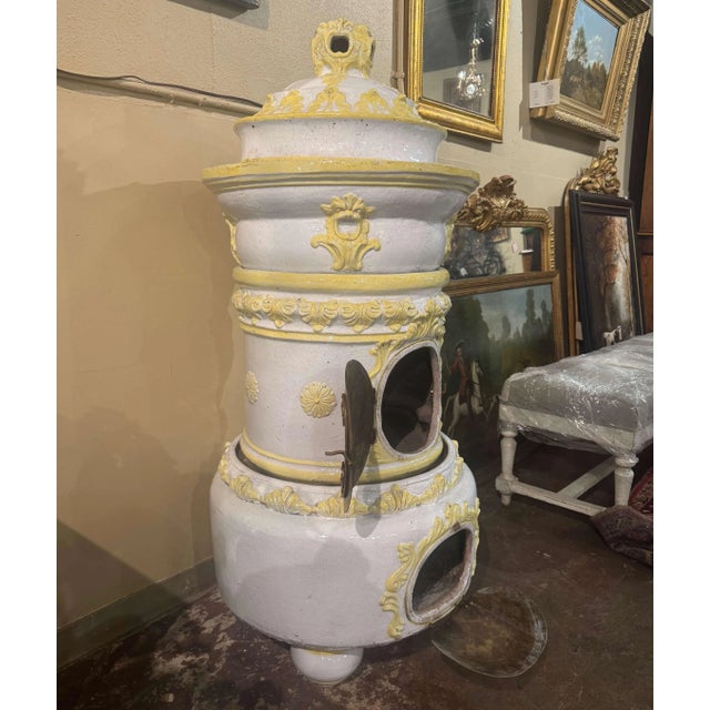 19th Century French Glazed Terracotta and Brass Wood-Burning Stove For Sale In Dallas - Image 6 of 13