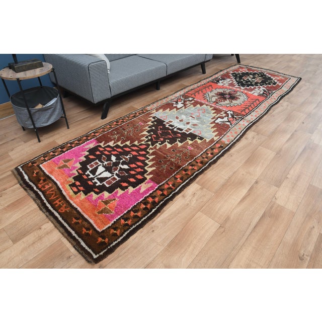 Boho Chic 1970s Vintage Handmade Wool Cotton Red Runner Rug For Sale - Image 3 of 11