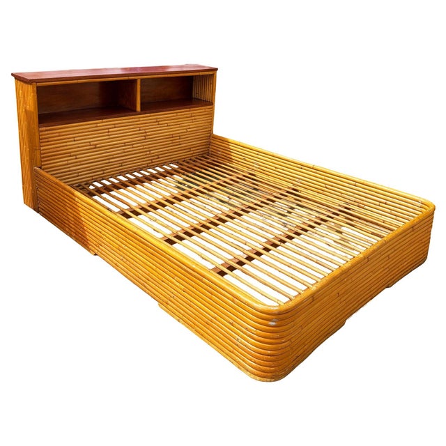Wood Restored Mid-Century Queen Size 13-Strand Stacked Rattan Bed Frame W/ Book Shelf For Sale - Image 7 of 9