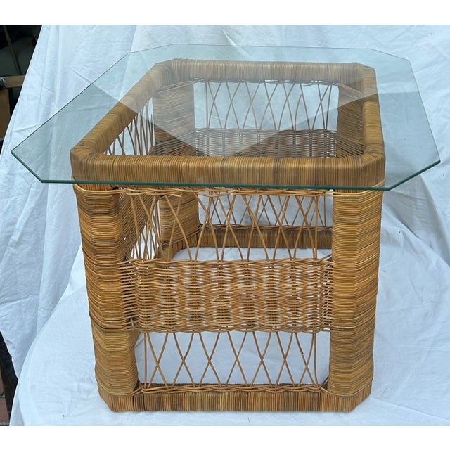 1970’s Woven Rattan Side Table With Glass Top For Sale - Image 11 of 12